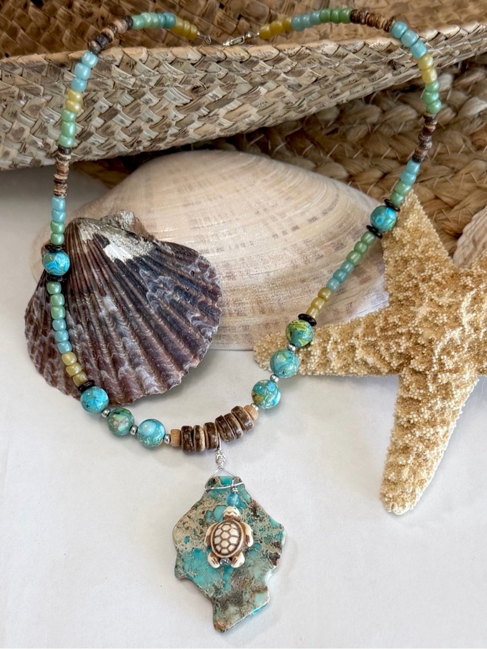 Coastal Mermaid Sea Turtle Stone & Wood Beaded Necklace